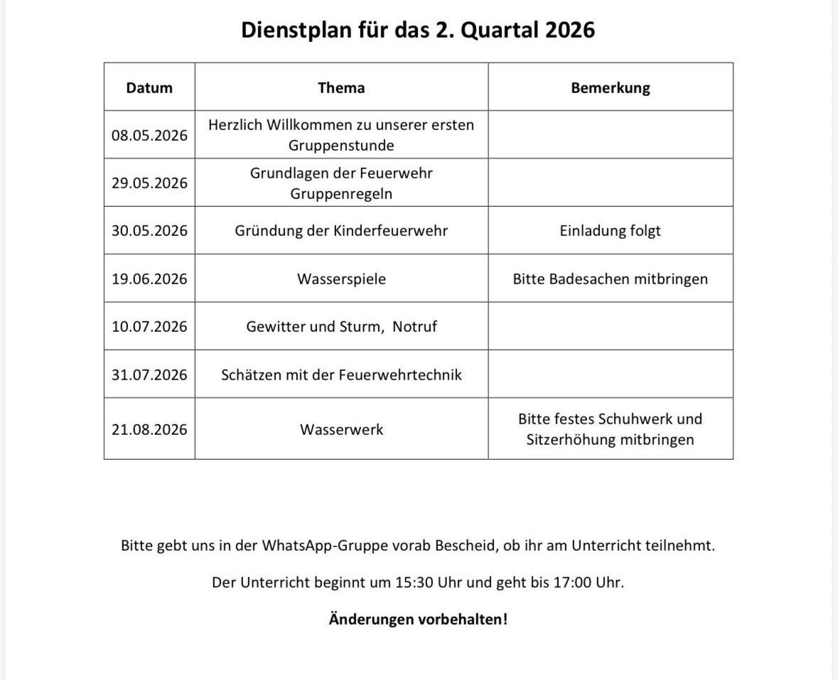 Dienstplan Kinderfeuerwehr 2026