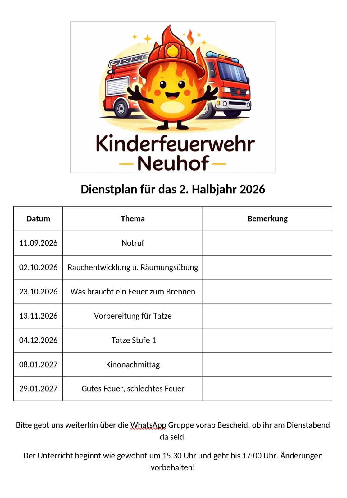 Dienstplan Kinderfeuerwehr 2026